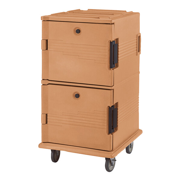A brown Cambro insulated food pan carrier on wheels with black handles.