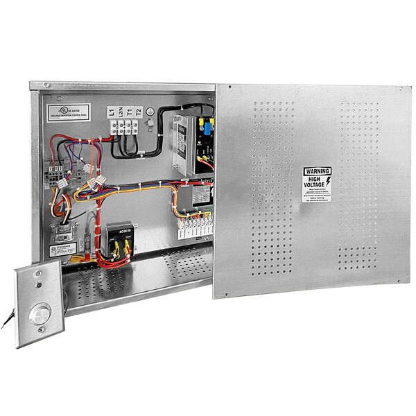 A metal box with wires and switches inside.