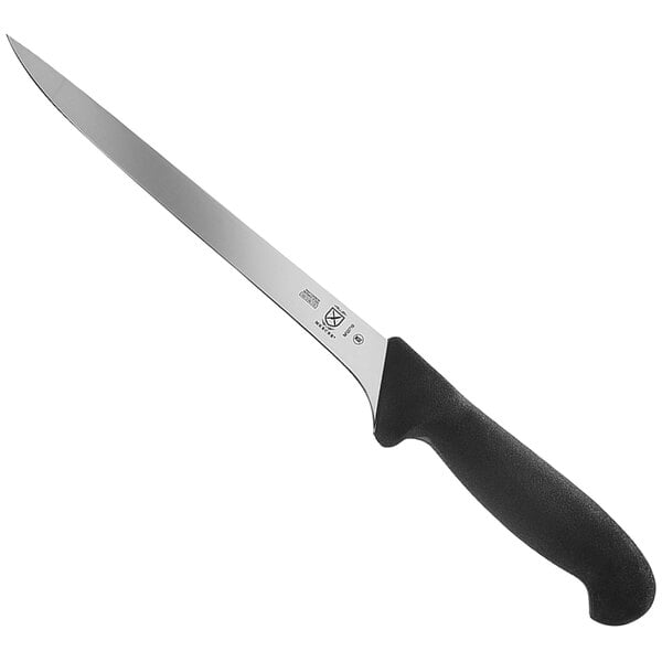 A Mercer Culinary narrow fillet knife with a black handle.