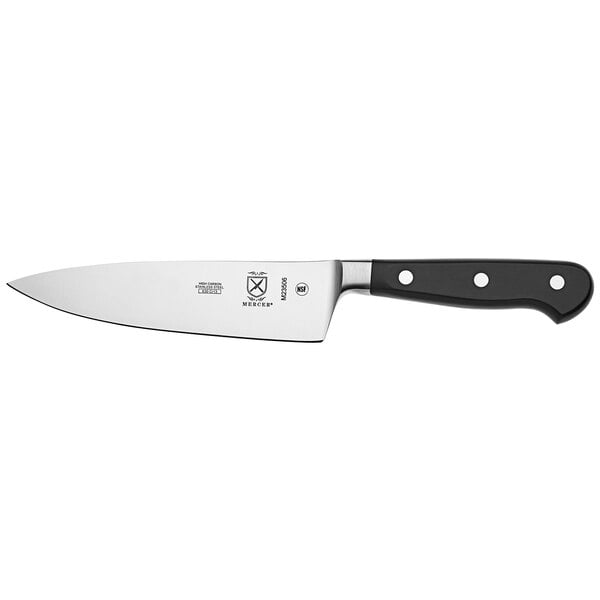 A Mercer Culinary Renaissance forged chef knife with a black handle.