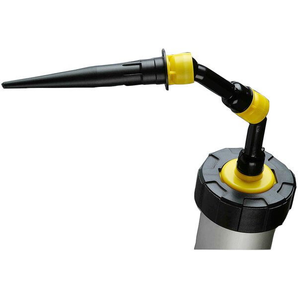 A black and yellow hose with a black nozzle on a grey cylinder.