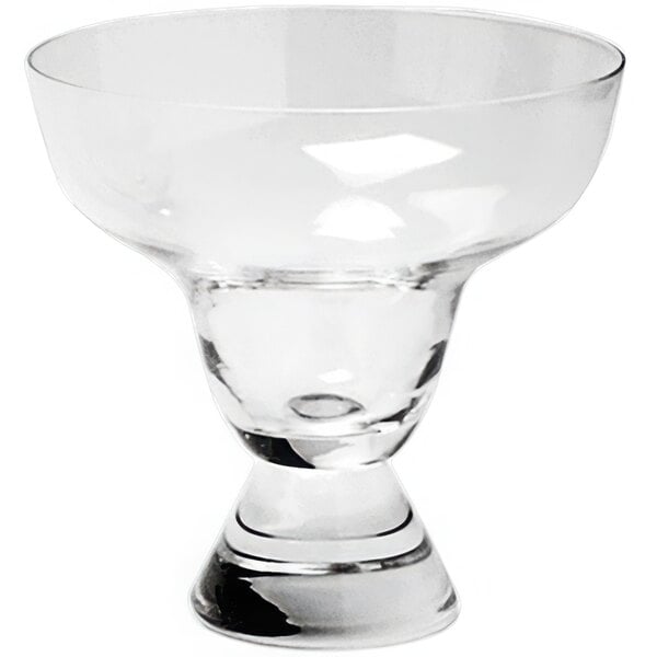 A close-up of a clear Fortessa Basics margarita glass with a small base.