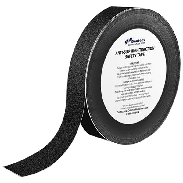 A roll of black SlipDoctors safety tape with a white label.