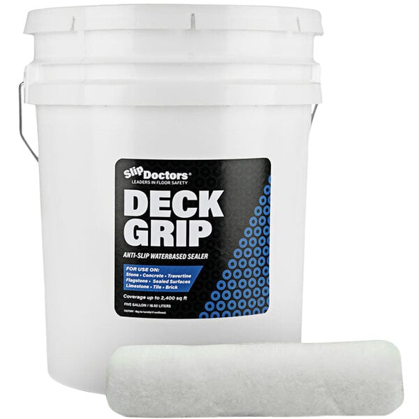A white bucket of SlipDoctors Deck Grip clear sealer with a black label.