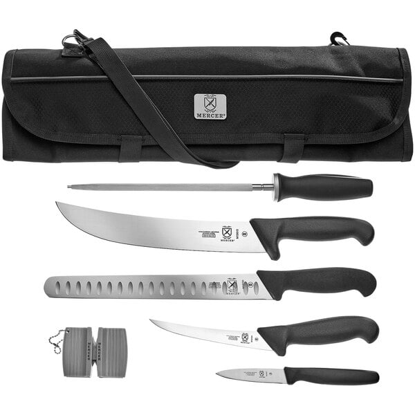 A Mercer Culinary BPX 7-piece BBQ competition knife roll set in a white case with black and white logos.