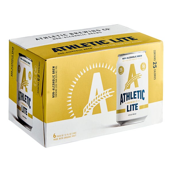 A yellow and white box with two cans of Athletic Lite Non-Alcoholic Beer.