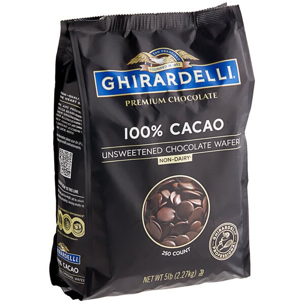 A bag of Ghirardelli 100% cacao chocolate wafer.