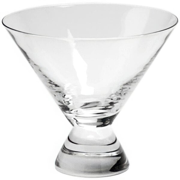 A close-up of a Fortessa Basics clear martini glass with a clear stem and base.