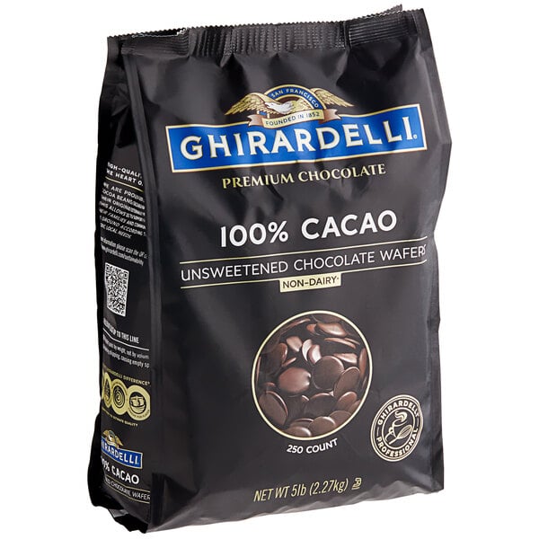 A bag of Ghirardelli 100% cacao chocolate liquor wafers.