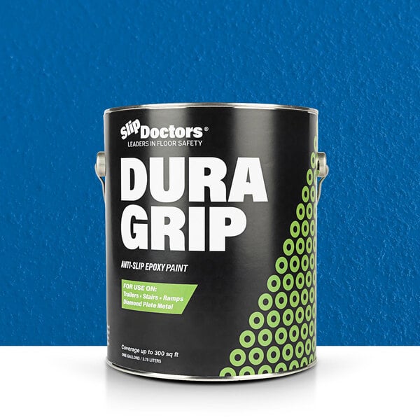 A blue SlipDoctors Dura Grip paint can with white text.