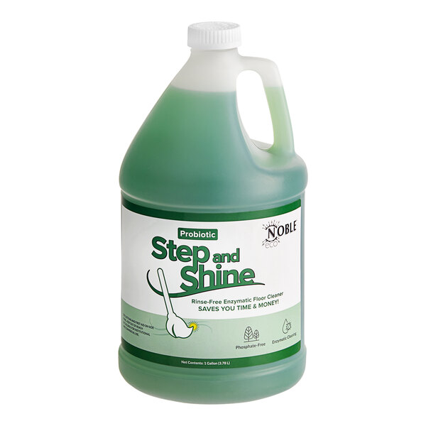 A green jug of Noble Eco Step and Shine floor cleaner with a green lid.