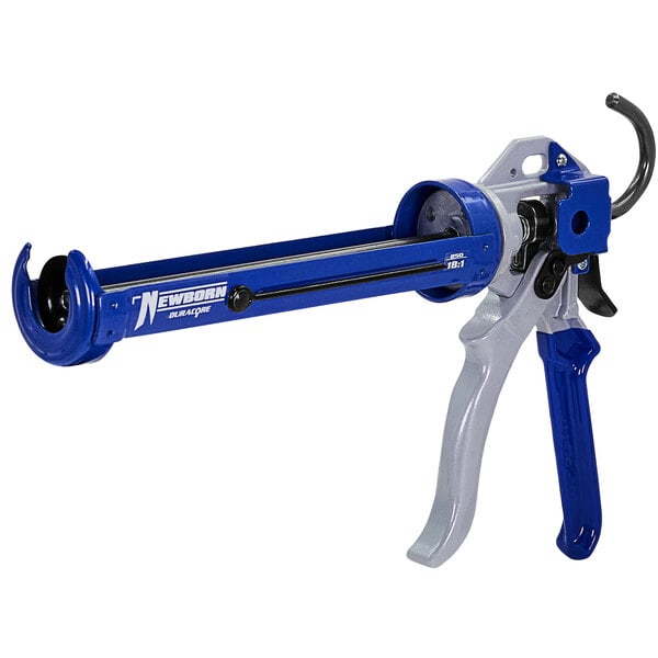 A blue and grey Newborn caulking gun with a white handle.