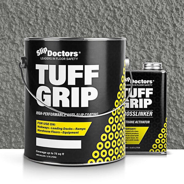 A black bucket of SlipDoctors Tuff Grip Extreme medium grey floor paint with white text.