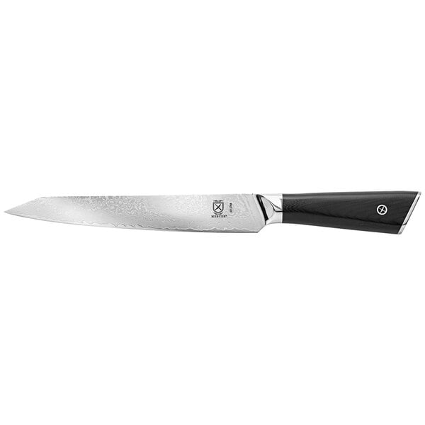 A Mercer Culinary Damascus slicer knife with a black handle and silver blade.