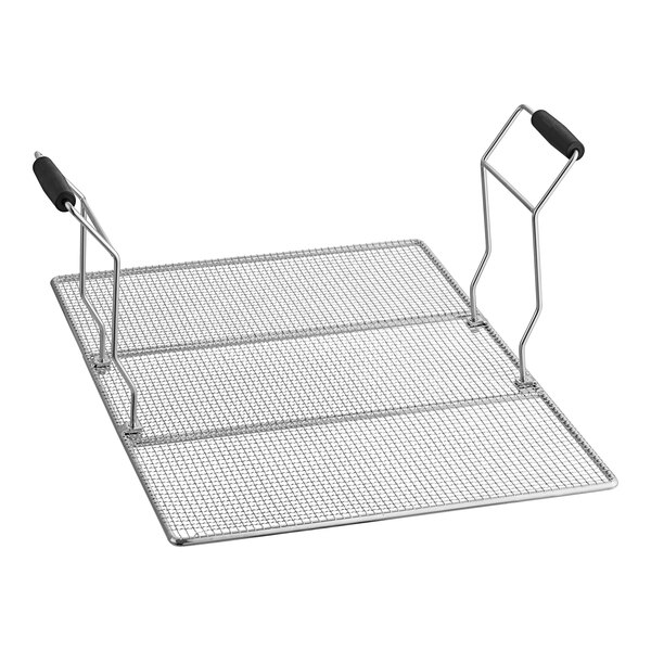A metal tray with black handles on the sides.