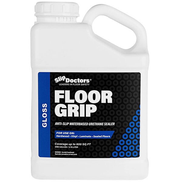 A white bottle of SlipDoctors Floor Grip with a blue and black label.