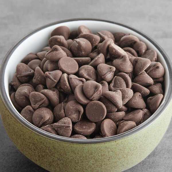 A bowl of Ghirardelli 52% non-dairy chocolate chips.