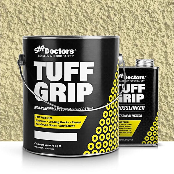 A black and yellow SlipDoctors Tuff Grip Extreme 1 Gallon can with white text.