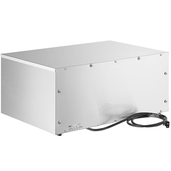 A white rectangular box with black wires.