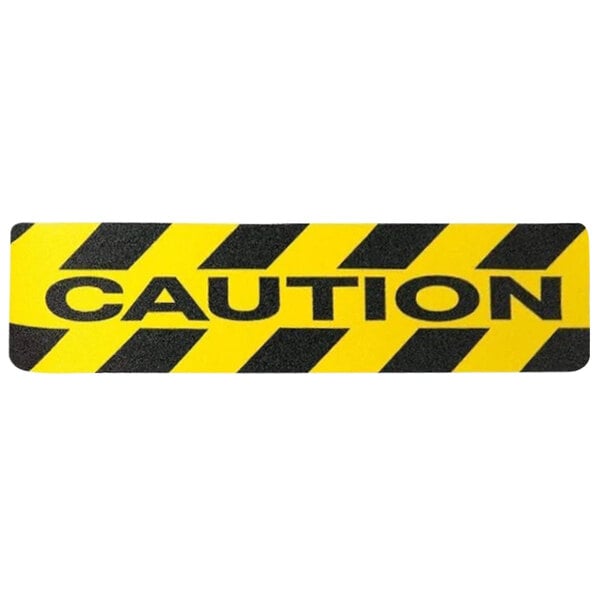 A yellow and black "Caution" sign with black stripes and a black letter.