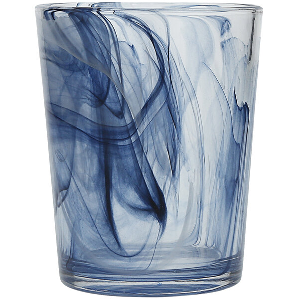 A Fortessa double old fashioned glass with blue swirls of ink.