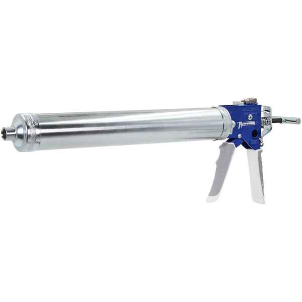 A silver and blue Newborn caulking gun with a white background.