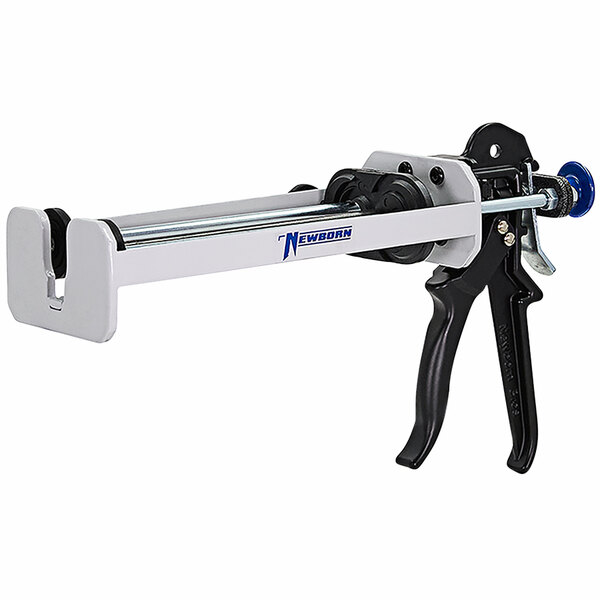 A white and blue Newborn dual component cartridge gun with a handle.