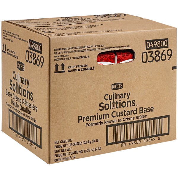 A case of Rich's Premium Custard Base on a counter with a label.