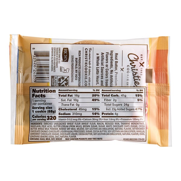 A Christie Cookie Co. package of individually wrapped Triple Chocolate Blonde cookies with nutrition information.