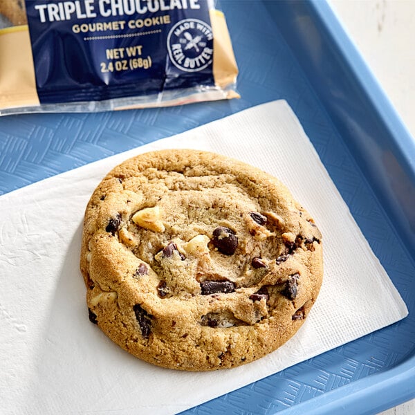 A Christie Cookie Co. triple chocolate blonde cookie in a package.