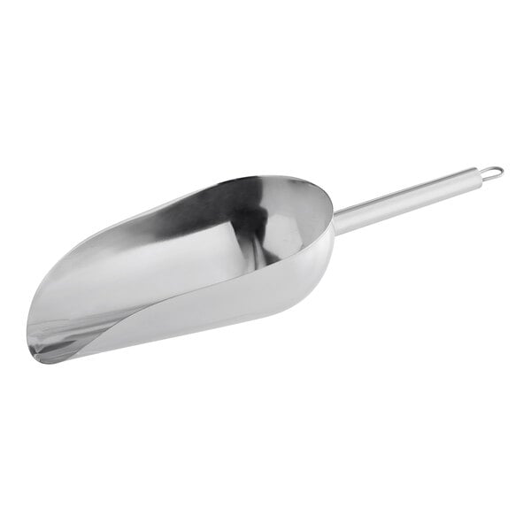 A silver stainless steel scoop with a handle.