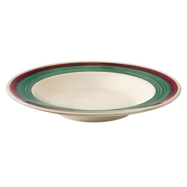 A white bowl with red and green stripes.