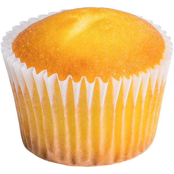 A close up of a Rich's Allen yellow cupcake in a white wrapper.