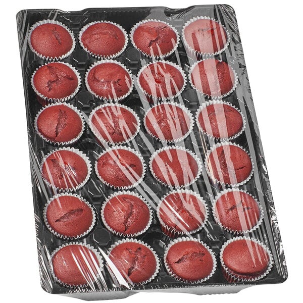 A tray of Rich's Allen Un-Iced Red Velvet Cupcakes wrapped in plastic.