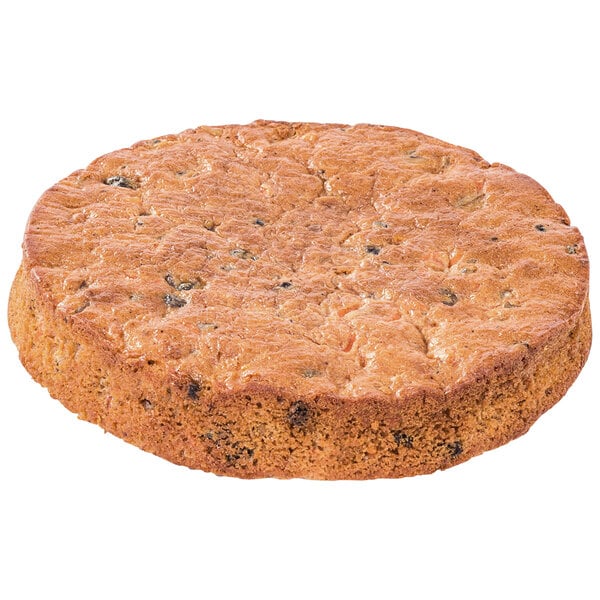 A round brown Rich's Allen carrot cake with black specks on a white background.