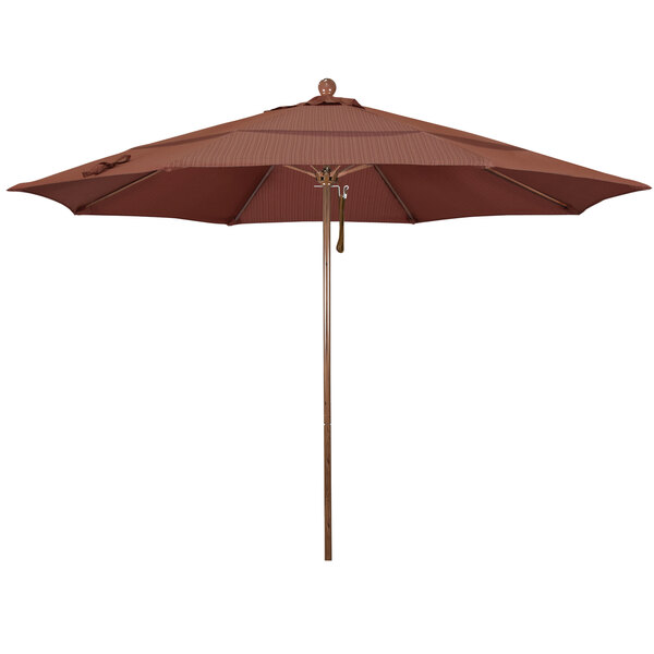A brown umbrella with a wooden pole.