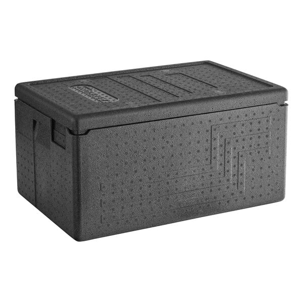 A black plastic CaterGator food pan carrier with a lid.