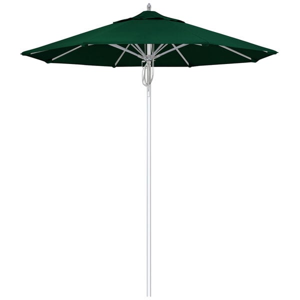 A forest green California Umbrella with a silver pole.