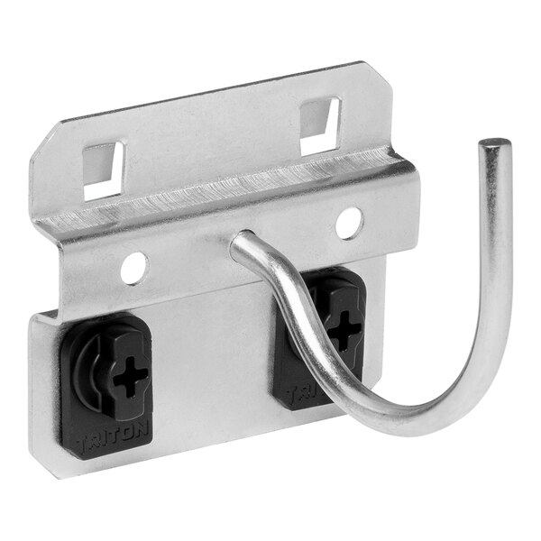 A Triton Products steel LocHook curved tool holder with two hooks on it.