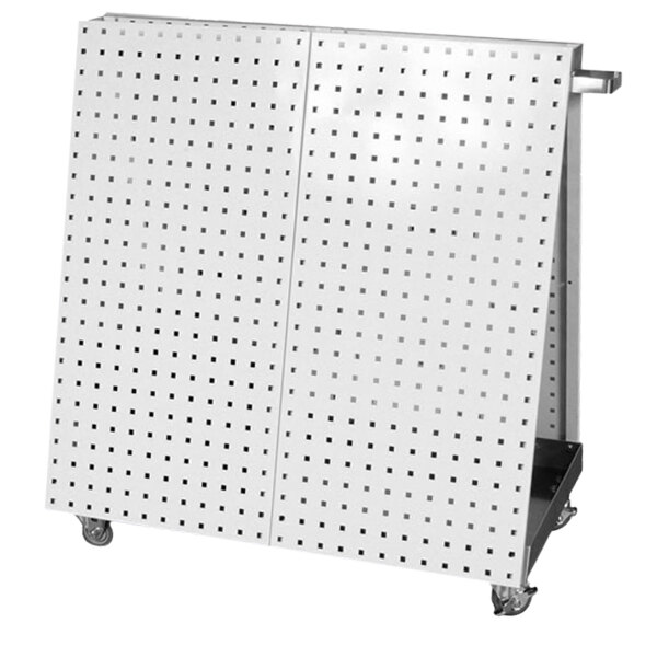 A white metal tool cart with a white pegboard and small holes on wheels.