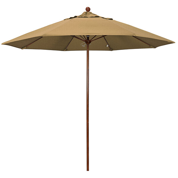 A brown California Umbrella with a straw canopy and American oak pole.