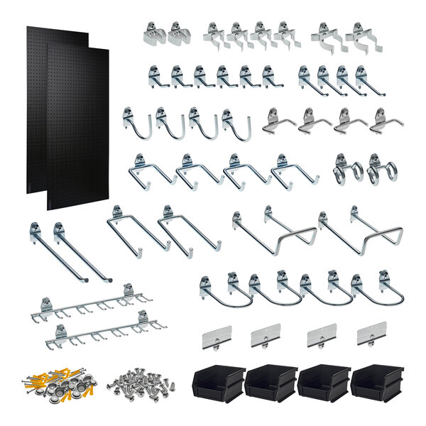Two black DuraBoards with metal hooks and bins on a white background.