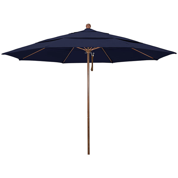 A California Umbrella Venture Series navy blue umbrella with a wooden pole.