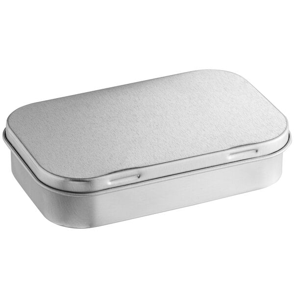 A 3 11/16" x 2 1/4" silver rectangular metal tin with a hinged lid.