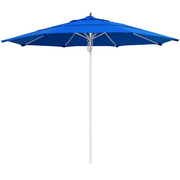 A California Umbrella Newport series blue umbrella with a silver pole.