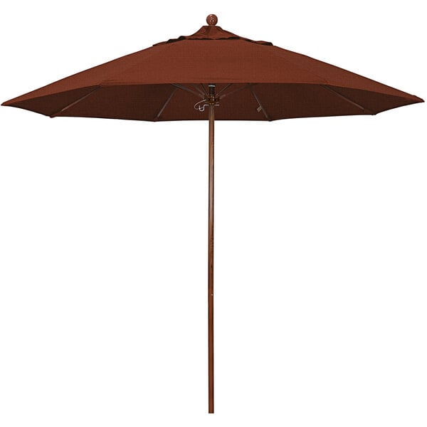 A close-up of a brown California Umbrella with an American Oak pole.