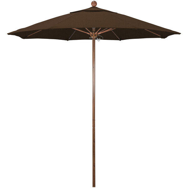 A brown umbrella with a wooden pole.