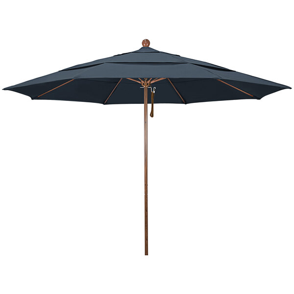 A black California Umbrella with a wooden pole.