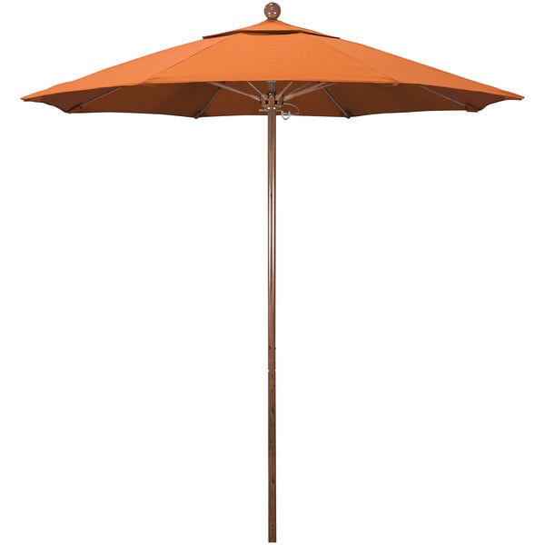 A California Umbrella tangerine outdoor table umbrella with an American oak pole.