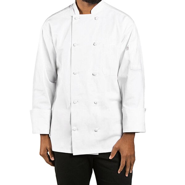 A person wearing a white Uncommon Chef long sleeve chef coat with a knot button.